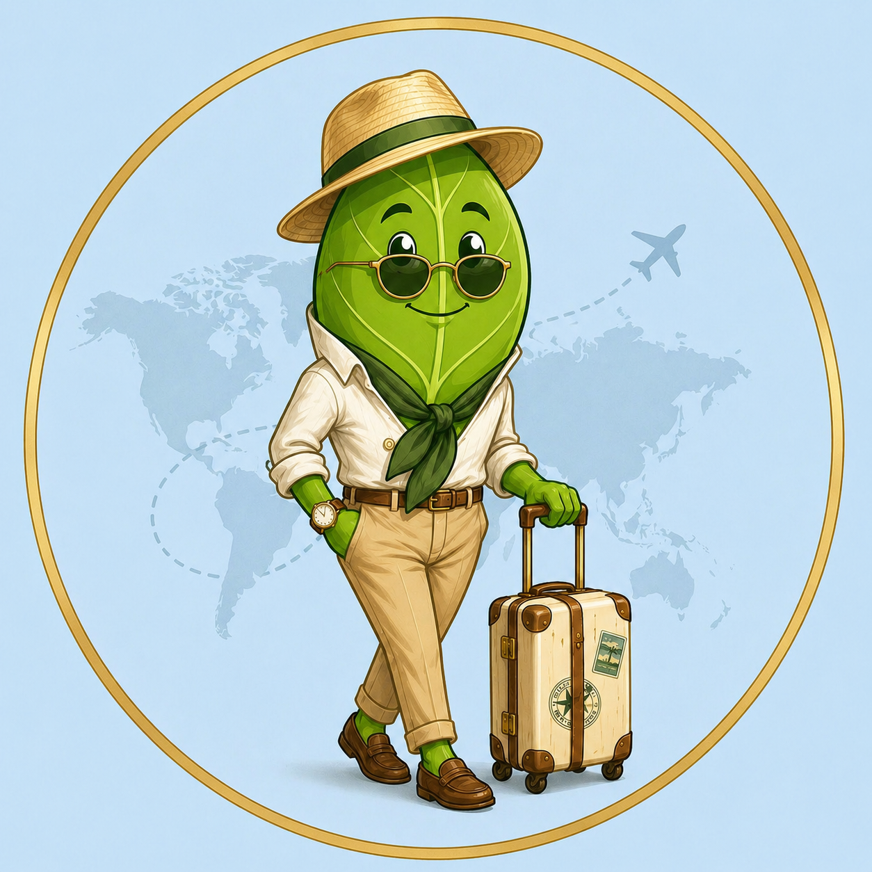 myGoodGuest mascot: a friendly green leaf wearing a tan explorer hat with a vintage suitcase
